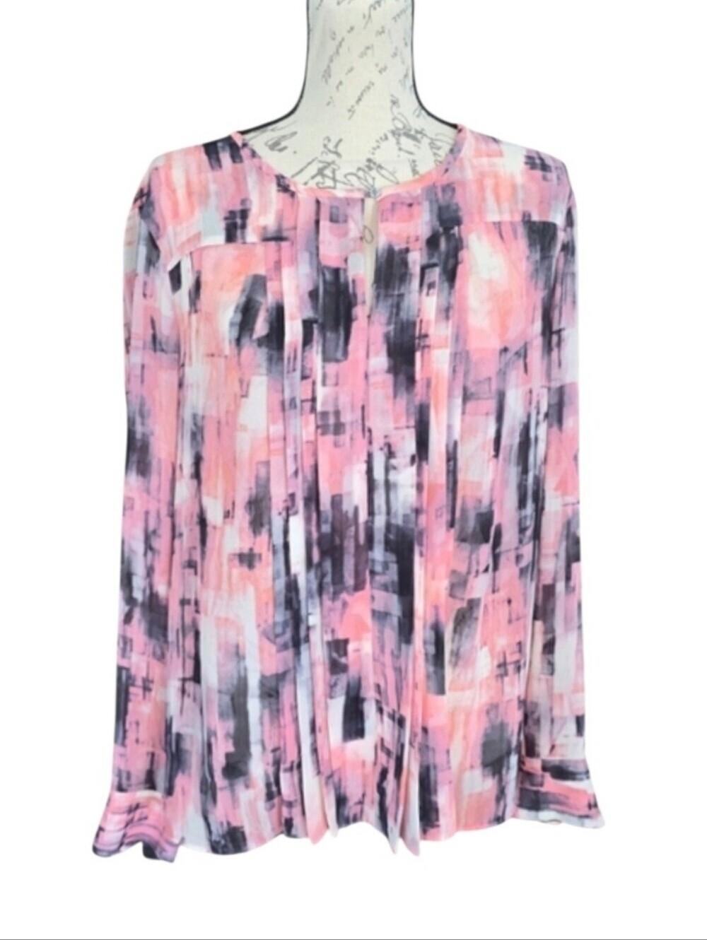 Ellen Tracy Pink Black Watercolor Print Semi Sheer Long Sleeve Blouse L